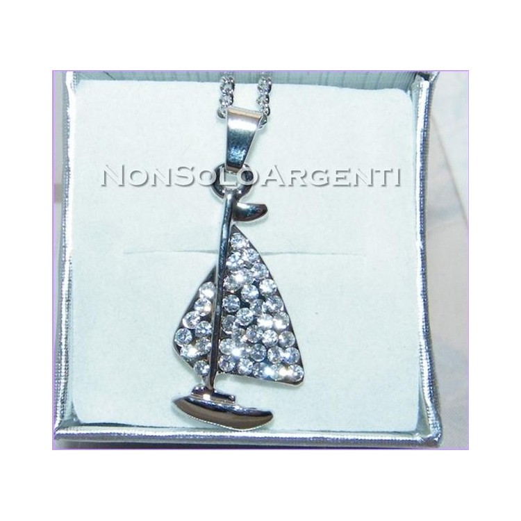 NSA|Bigiotteria : Collana uomo donna argentata con ciondolo strass barca a vela in cofanetto