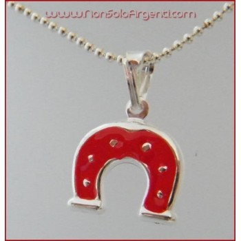 NSA|ARGENTO 925 : Ciondolo amuleto ferro di cavallo rosso con collana beads silver