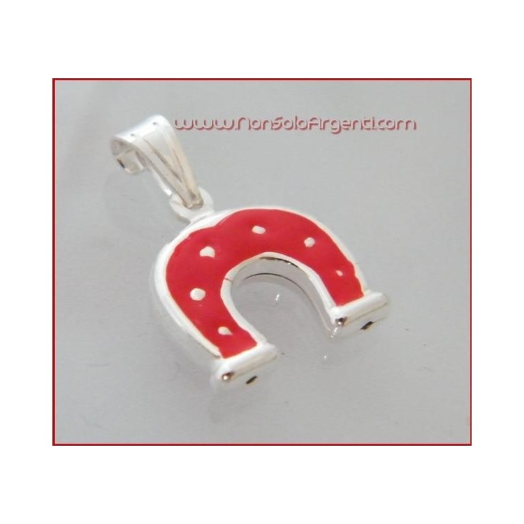 NSA|ARGENTO 925 : Ciondolo amuleto ferro di cavallo rosso con collana beads silver