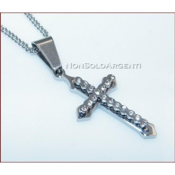 NSA|Acciaio : Collana grumetta con ciondolo croce con zirconia bianchi