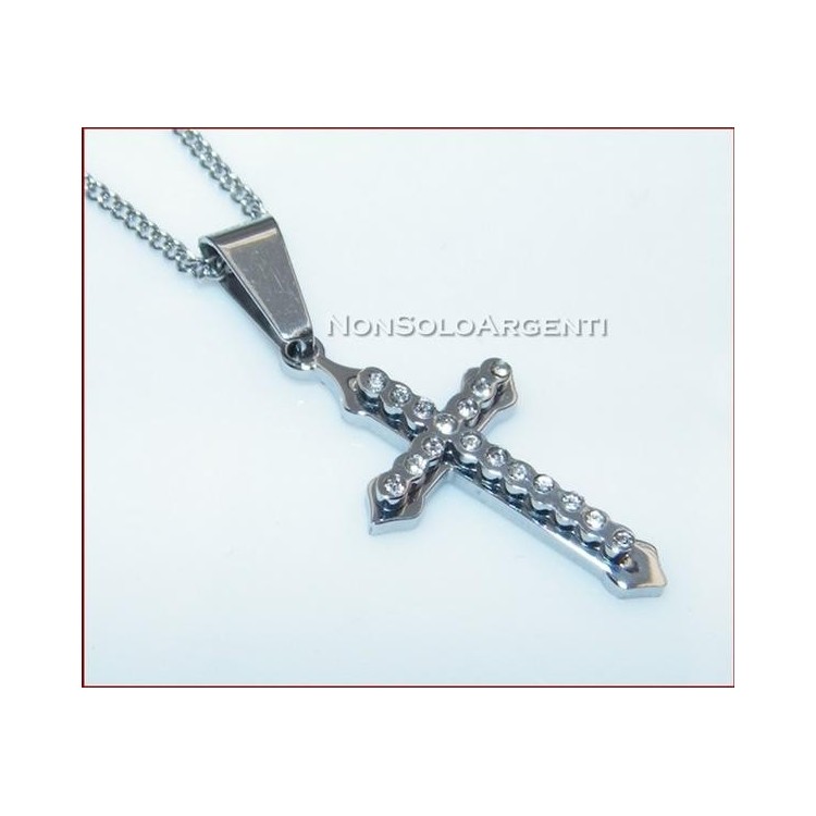 NSA|Acciaio : Collana grumetta con ciondolo croce con zirconia bianchi