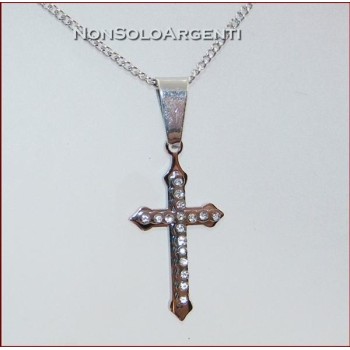 NSA|Acciaio : Collana grumetta con ciondolo croce con zirconia bianchi