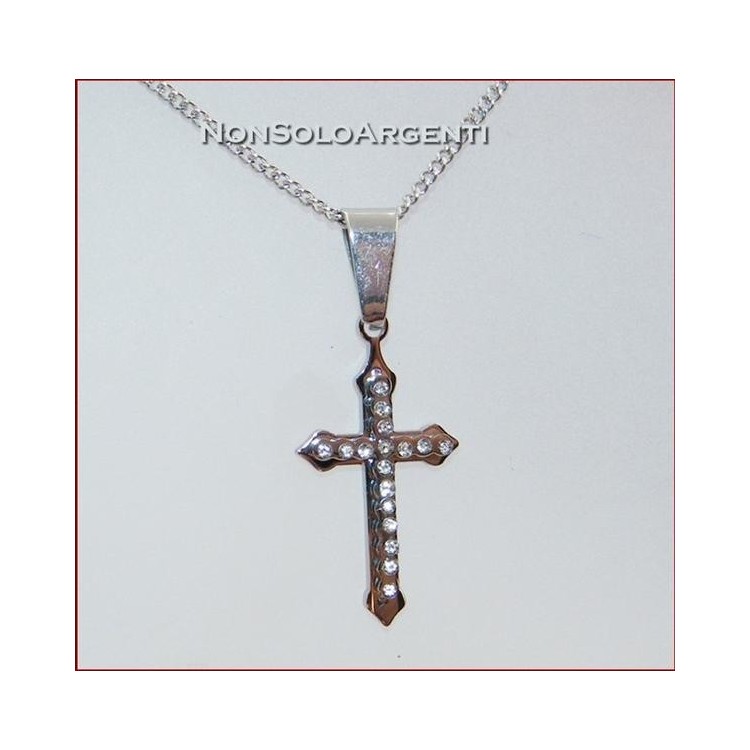 NSA|Acciaio : Collana grumetta con ciondolo croce con zirconia bianchi
