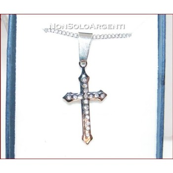 NSA|Acciaio : Collana grumetta con ciondolo croce con zirconia bianchi