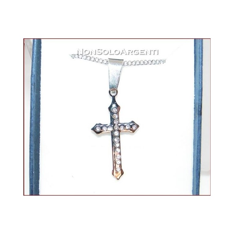 NSA|Acciaio : Collana grumetta con ciondolo croce con zirconia bianchi