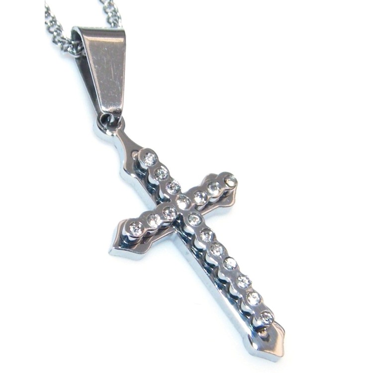 NSA|Steel cross pendant necklace with white zircons for men