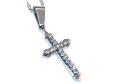 NSA|Steel cross pendant necklace with white zircons for men