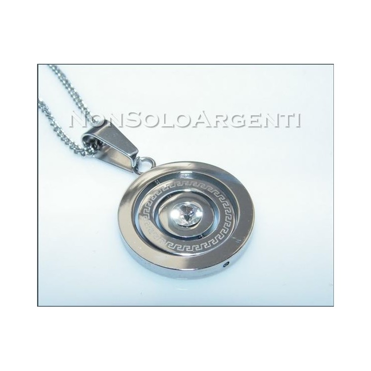 NSA|Acciaio : Collana grumetta con ciondolo a cerchi roteanti e pietra centrale