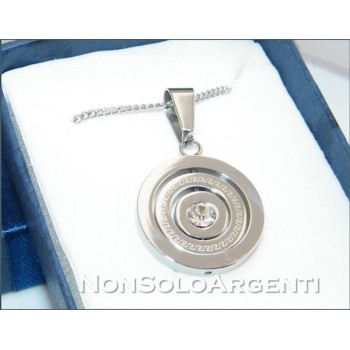 NSA|Acciaio : Collana grumetta con ciondolo a cerchi roteanti e pietra centrale