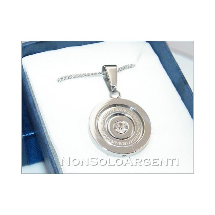 NSA|Acciaio : Collana grumetta con ciondolo a cerchi roteanti e pietra centrale