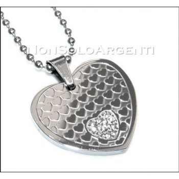 NSA|Acciaio : Collana pallini beads uomo donna unisex ciondolo cuore con zirconia