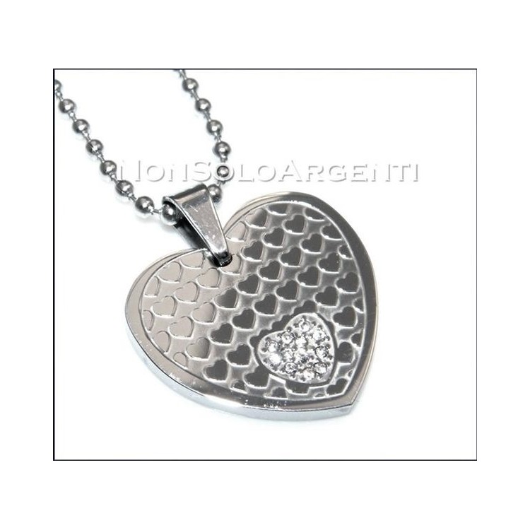NSA|Acciaio : Collana pallini beads uomo donna unisex ciondolo cuore con zirconia