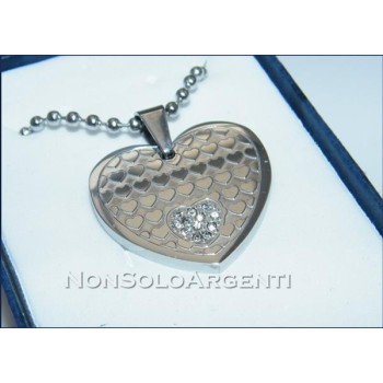 NSA|Acciaio : Collana pallini beads uomo donna unisex ciondolo cuore con zirconia