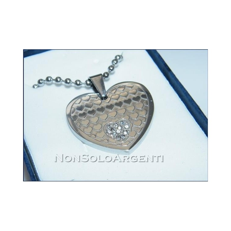 NSA|Acciaio : Collana pallini beads uomo donna unisex ciondolo cuore con zirconia