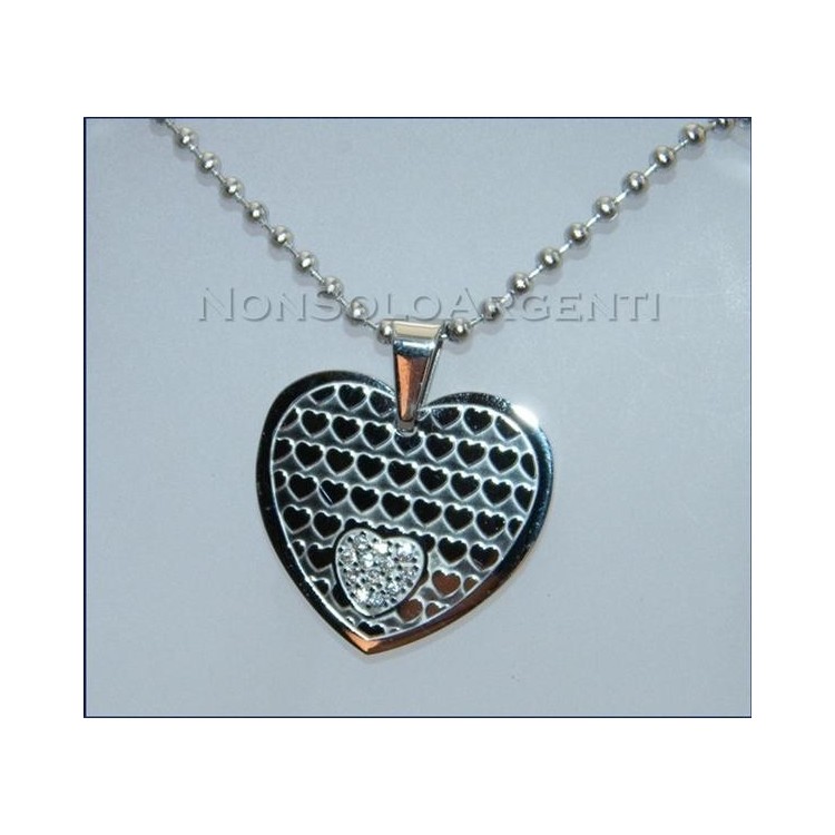 NSA|Acciaio : Collana pallini beads uomo donna unisex ciondolo cuore con zirconia