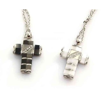 NSA|Hypoallergenic and stainless steel: Exclusive necklace rolo 'cross pendant black or white ceramic and zk stones
