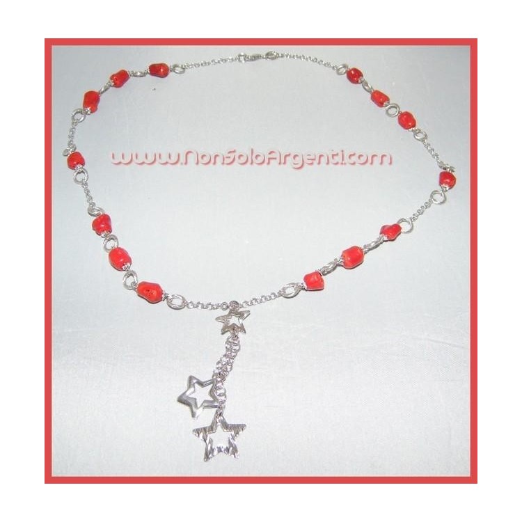 NSA|Collana con centrale a stelle in Argento 925 e Corallo di Torre del Greco