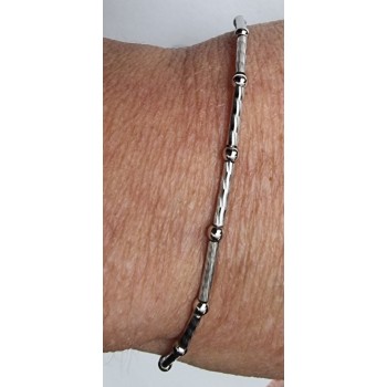 NSA|Argento 925  Bracciale Bamboo semirigido barrette diamatate e palline 18 cm