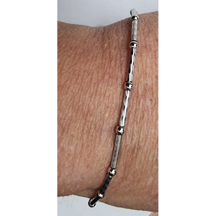 NSA|Argento 925  Bracciale Bamboo semirigido barrette diamatate e palline 18 cm