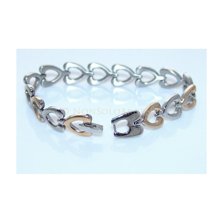 NSA|Bracciale Acciaio cuori cromato e oro con greca per donna