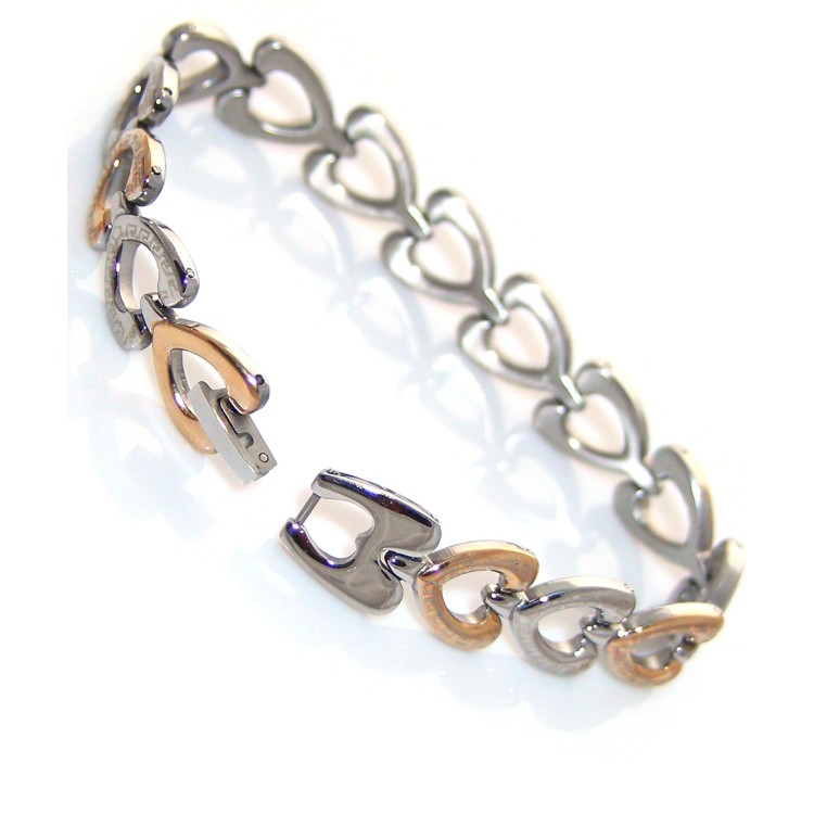 NSA|Bracciale Acciaio cuori cromato e oro con greca per donna