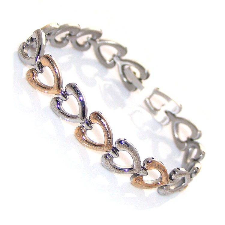 NSA|Bracciale Acciaio cuori cromato e oro con greca per donna