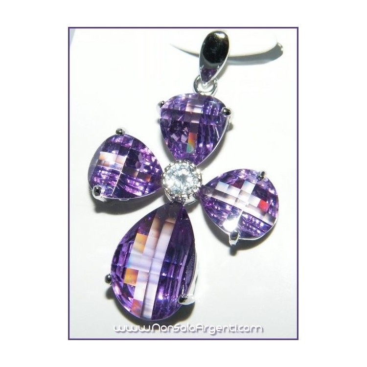 NSA|925 silver pendant with purple amethyst crystal cross with zircon
