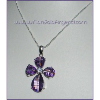 NSA|ARGENTO 925 : Ciondolo croce di cristallo viola ametista con zircone e collana beads