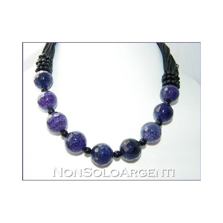 NSA|Girocollo da Donna a Torchon di Mega Perle di agata viola e Perline nere