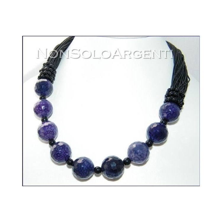 NSA|Girocollo da Donna a Torchon di Mega Perle di agata viola e Perline nere