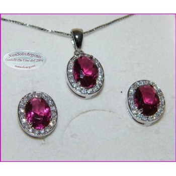 NSA|Parure Argento 925 : Collana girocollo con ciondolo e Orecchini con zirconi rosa acceso e bianchi