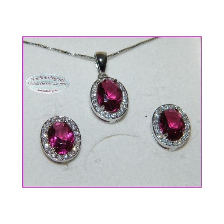 NSA|Parure Argento 925 : Collana girocollo con ciondolo e Orecchini con zirconi rosa acceso e bianchi