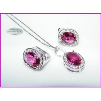 NSA|Parure Argento 925 : Collana girocollo con ciondolo e Orecchini con zirconi rosa acceso e bianchi