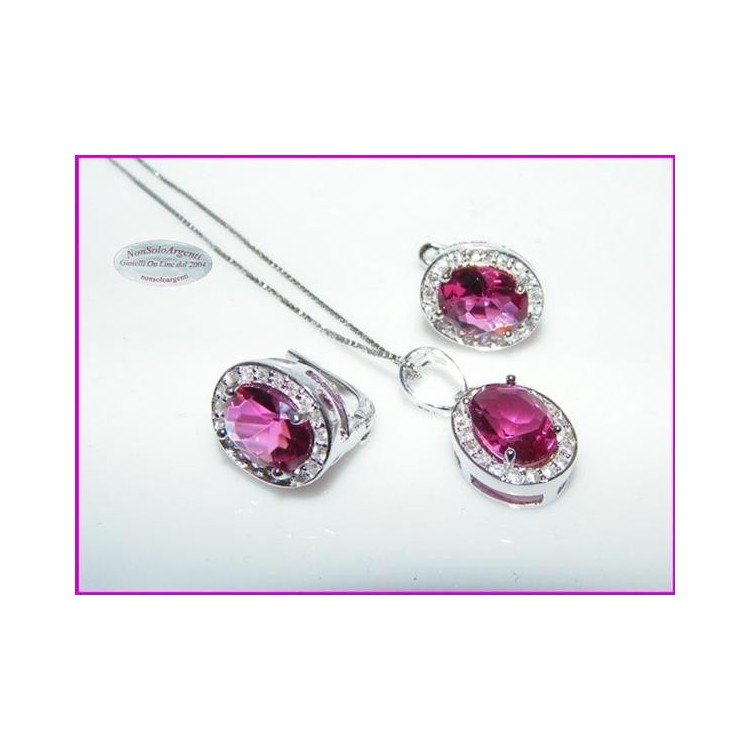 NonSoloArgenti |Parure Argento 925 : Collana girocollo con ciondolo e Orecchini con zirconi rosa magenta e bianchi