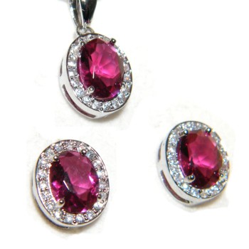 NSA|Parure Argento 925 : Collana girocollo con ciondolo e Orecchini con zirconi rosa acceso e bianchi