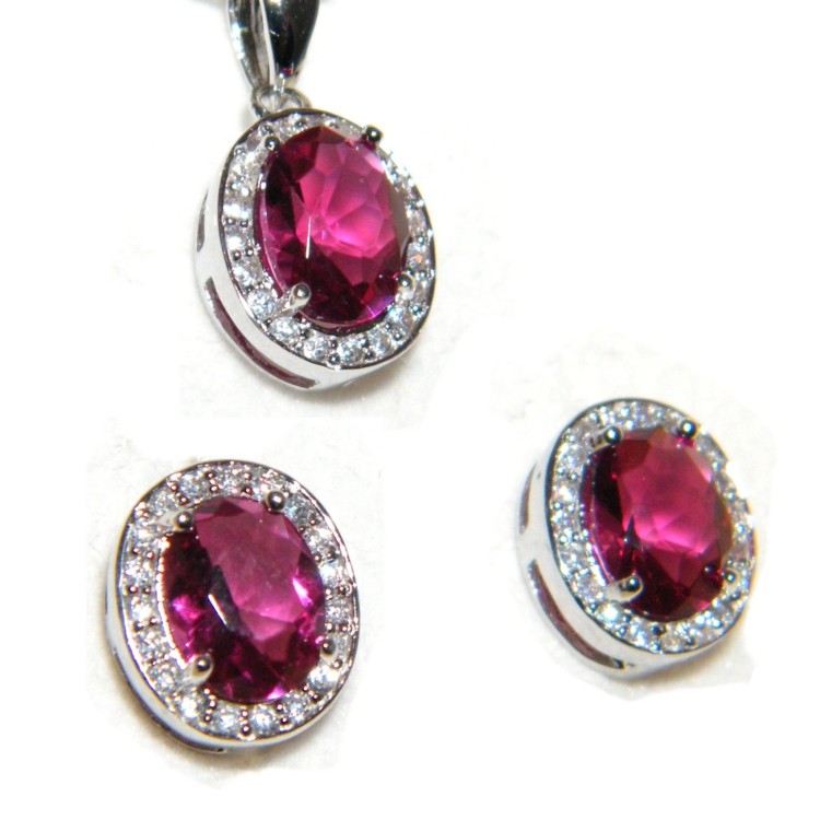 NSA|Parure Argento 925 : Collana girocollo con ciondolo e Orecchini con zirconi rosa acceso e bianchi