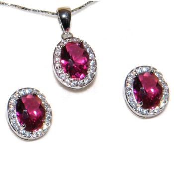 NSA|Parure Argento 925 : Collana girocollo con ciondolo e Orecchini con zirconi rosa acceso e bianchi