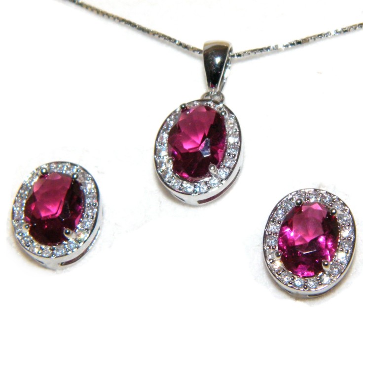 NSA|Parure Argento 925 : Collana girocollo con ciondolo e Orecchini con zirconi rosa acceso e bianchi