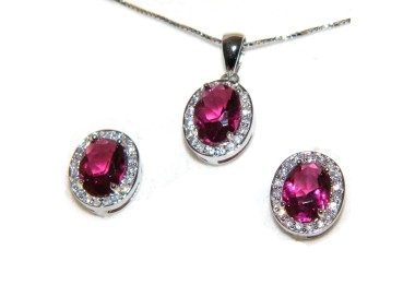 NSA|Parure Argento 925 : Collana girocollo con ciondolo e Orecchini con zirconi rosa acceso e bianchi