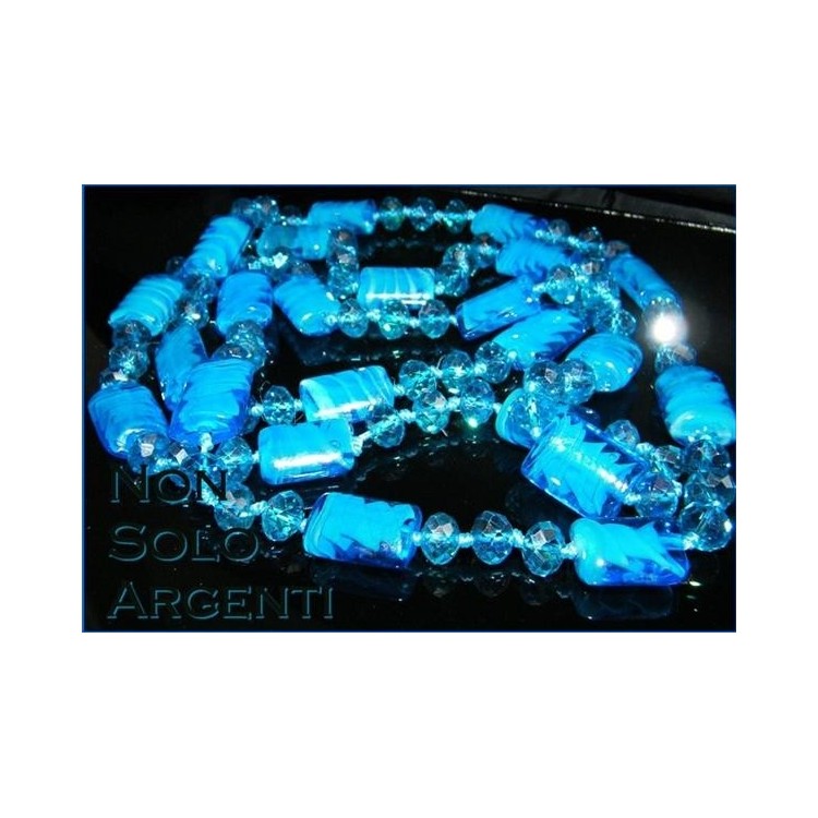 NSA|Bigiotteria : Lunga Collana perle sfaccettate di cristallo e vetro soffiato AZZURRO Bluette 120 cm