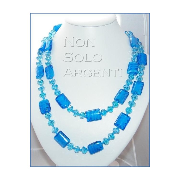 NSA|Bigiotteria : Lunga Collana perle sfaccettate di cristallo e vetro soffiato AZZURRO Bluette 120 cm