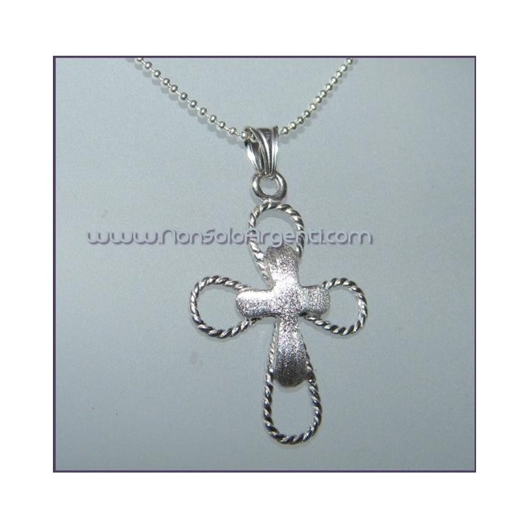 NSA|ARGENTO 925 Ciondolo a croce doppia braccia a treccine arrotondate e centrale satinato