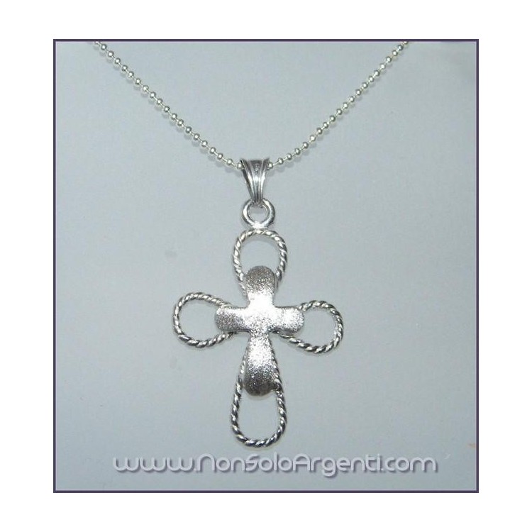 NSA|ARGENTO 925 Ciondolo a croce doppia braccia a treccine arrotondate e centrale satinato