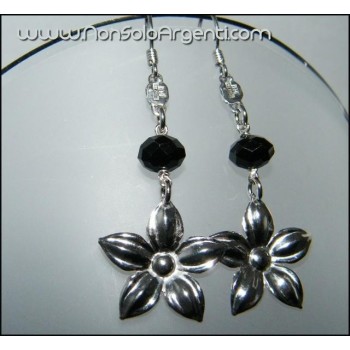 NSA|Argento 925 : Orecchini pendenti con Cristallo Nero e Fiore