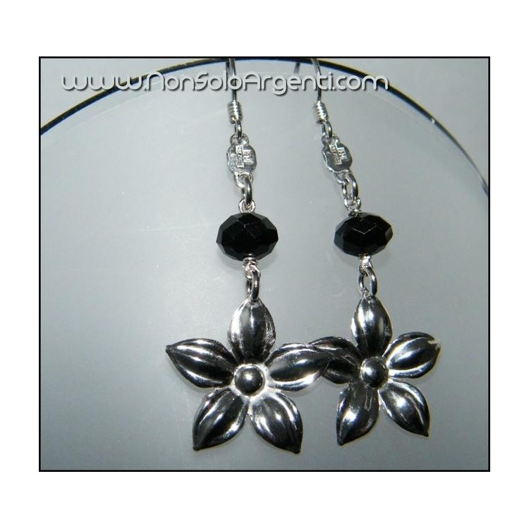 NSA|Argento 925 : Orecchini pendenti con Cristallo Nero e Fiore