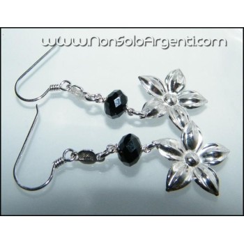 NSA|Argento 925 : Orecchini pendenti con Cristallo Nero e Fiore