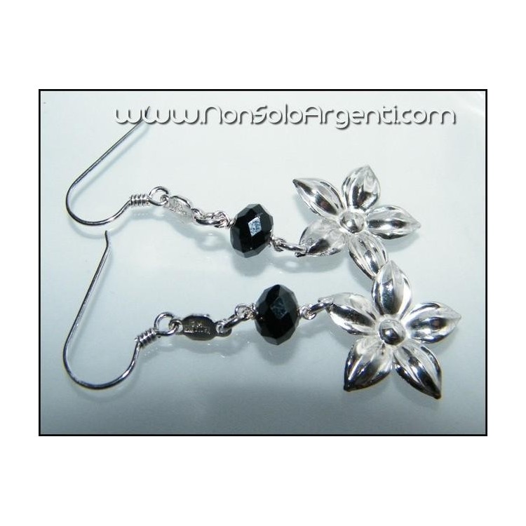 NSA|Argento 925 : Orecchini pendenti con Cristallo Nero e Fiore