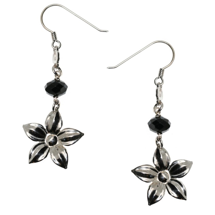 NSA|Orecchini  Cristallo Nero e Fiore in argento 925 per donna, pendenti