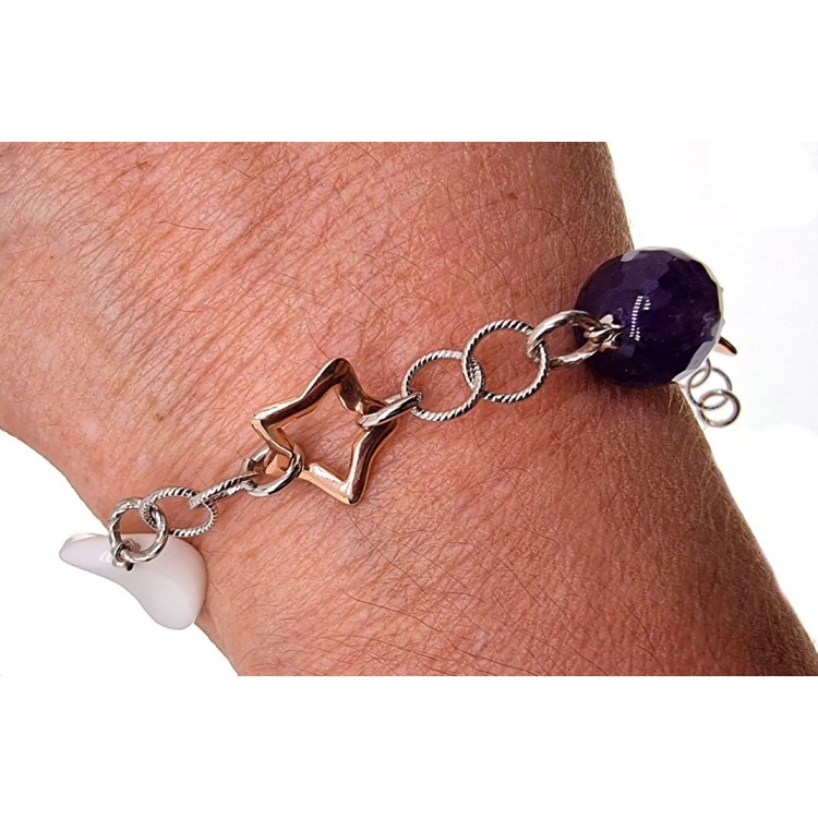 NSA|Argento 925 : Bracciale / Cavigliera Stelle dorate con Ametista e Agata Bianca Naturali
