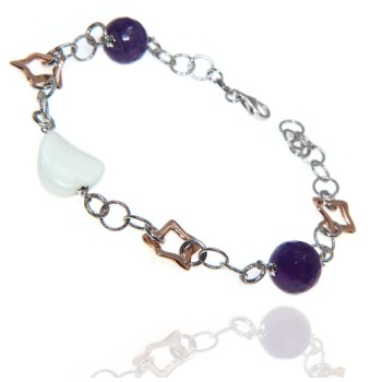 NSA|Bracciale cavigliera argento 925 ametista e stelle dorate con agata bianca naturali per donna